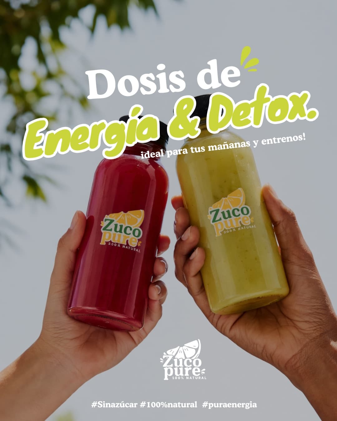 Pieza «Dosis de energía & detox»: dos manos con botellas de jugo