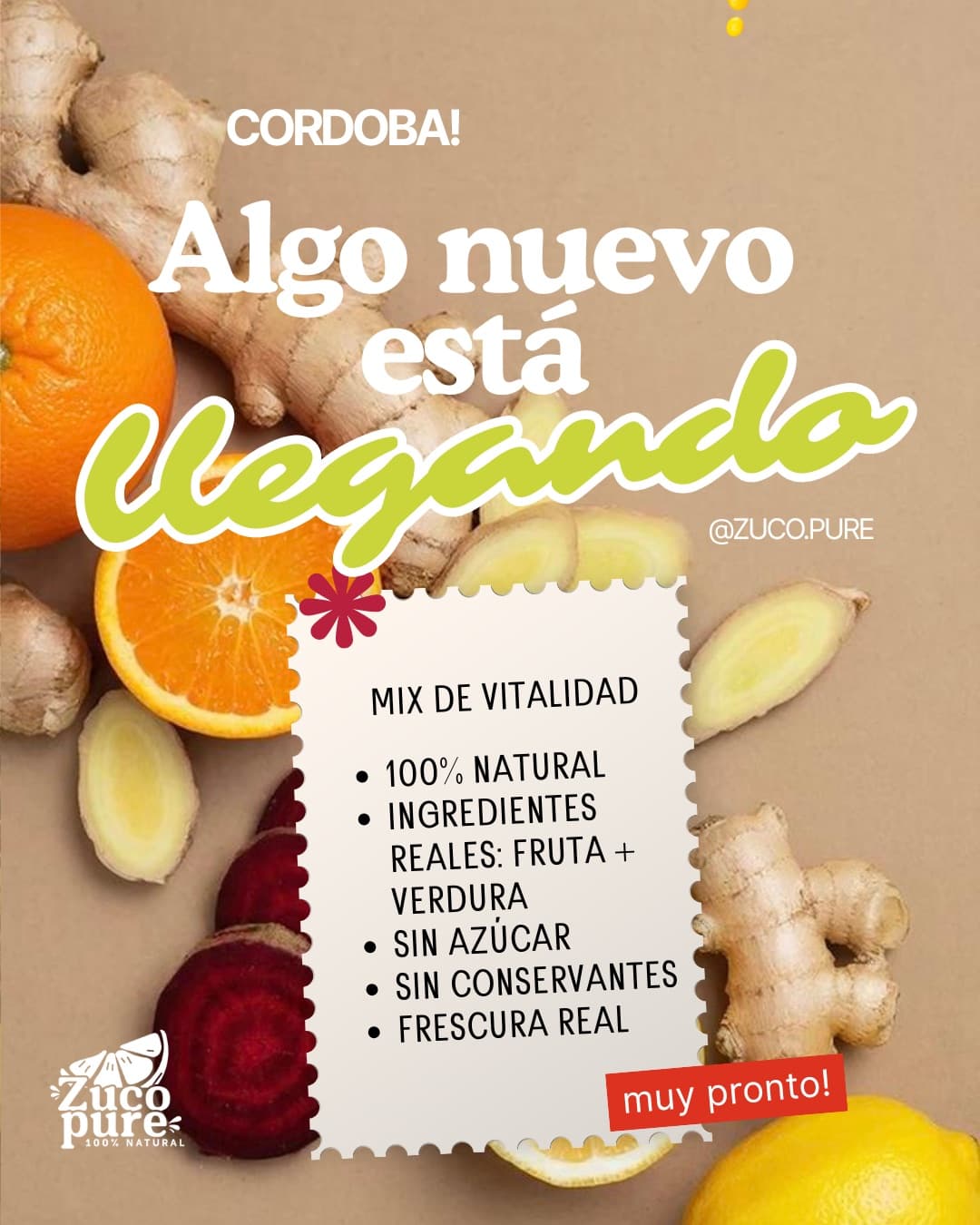Pieza de lanzamiento «Algo nuevo está llegando», con frutas y la lista del mix de vitalidad